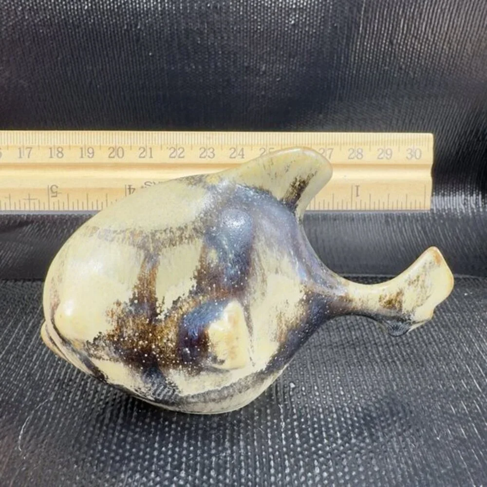 Vintage Hand Made Stoneware Pottery Piranha Fish Figurine Brown Glaze Figure VTG